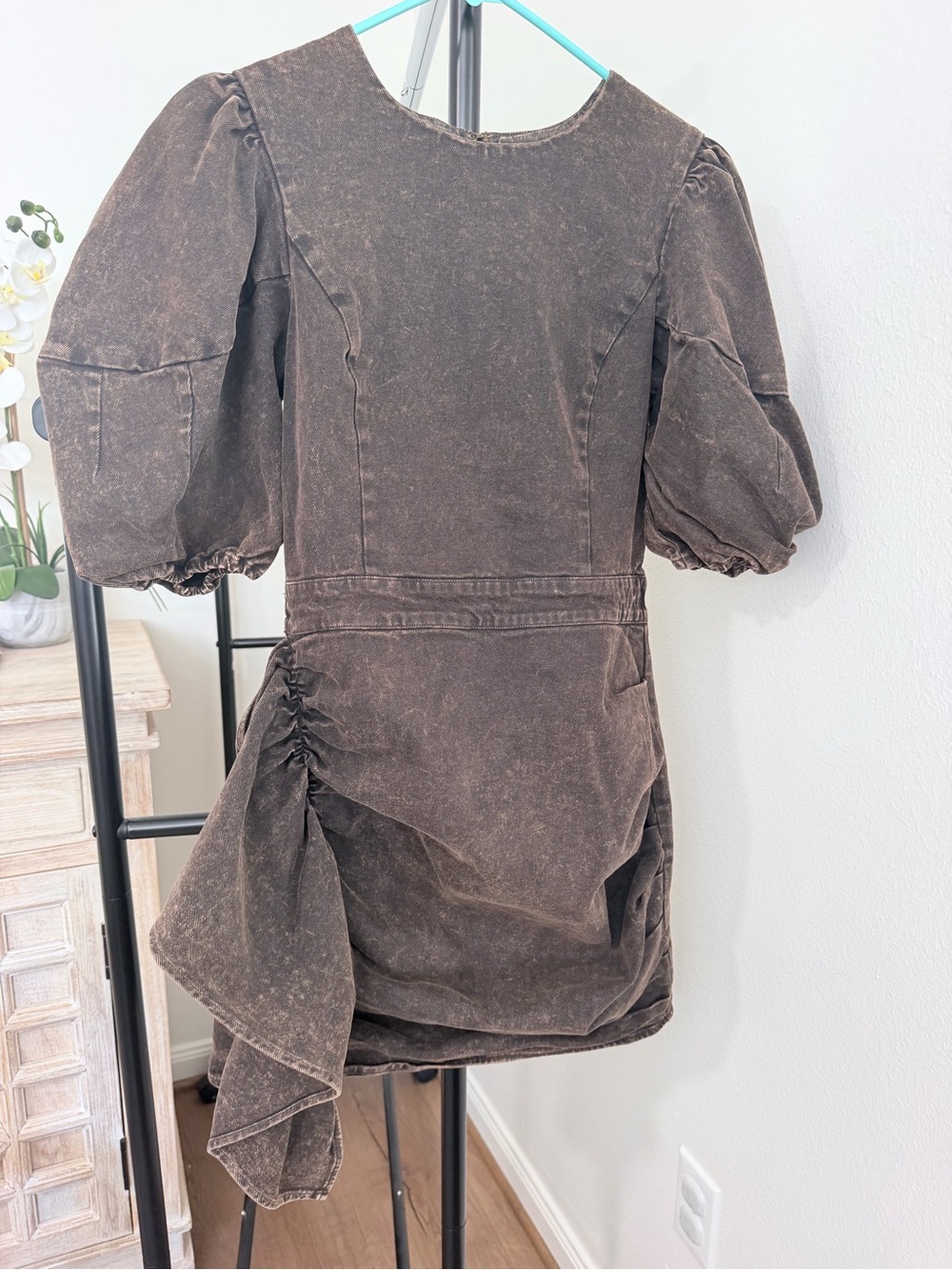 RHODE Washed Brown Puff-Sleeve Mini Dress